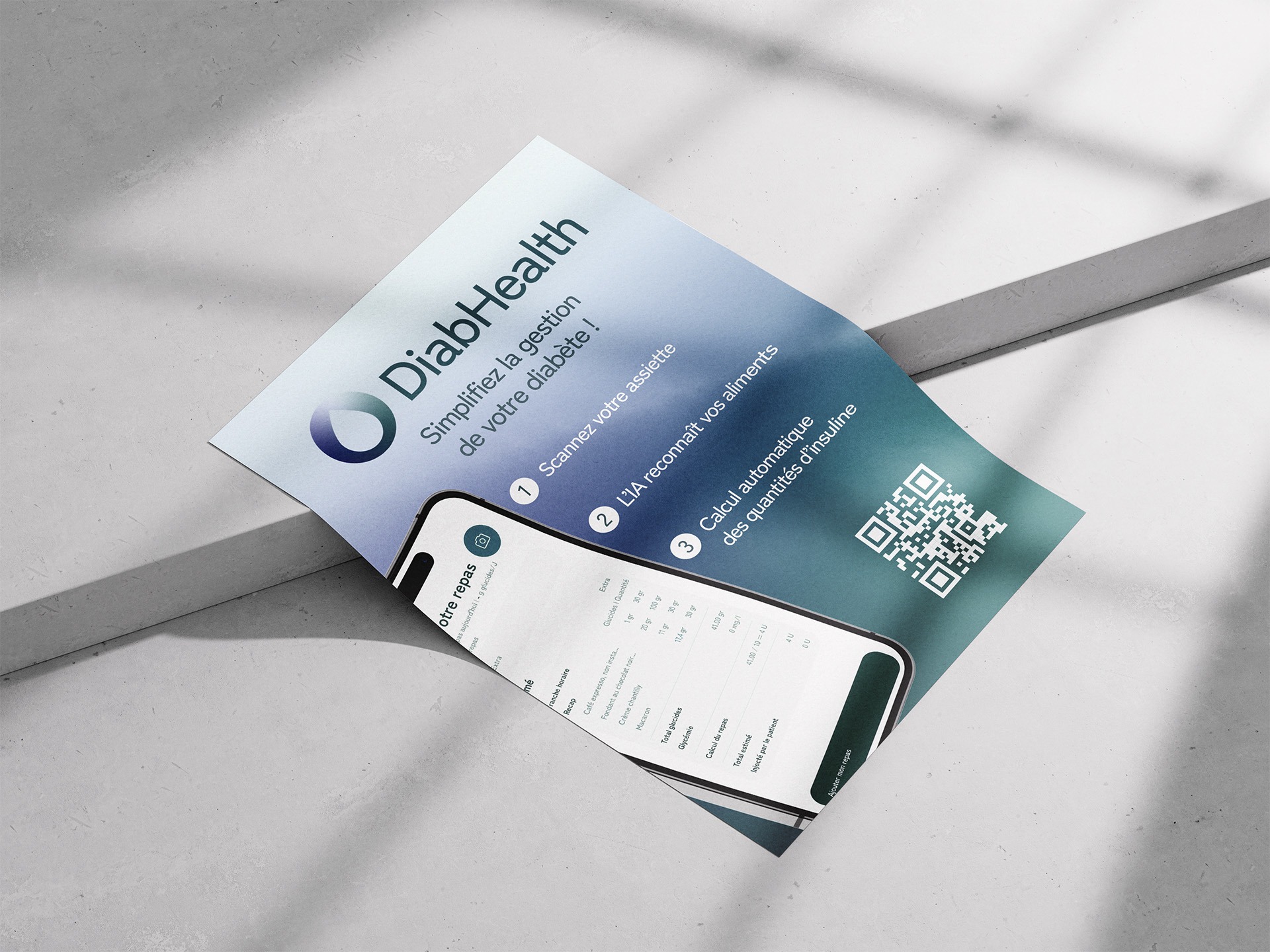 Flyers bleu et vert avec QR code sur le sol